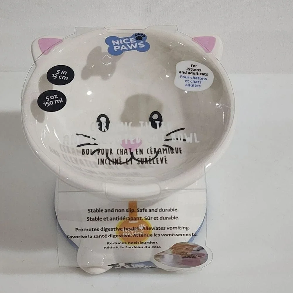 Nice Paws Ceramic Tilted And Elevated‎ Kitty Cat Food Bowl White 4